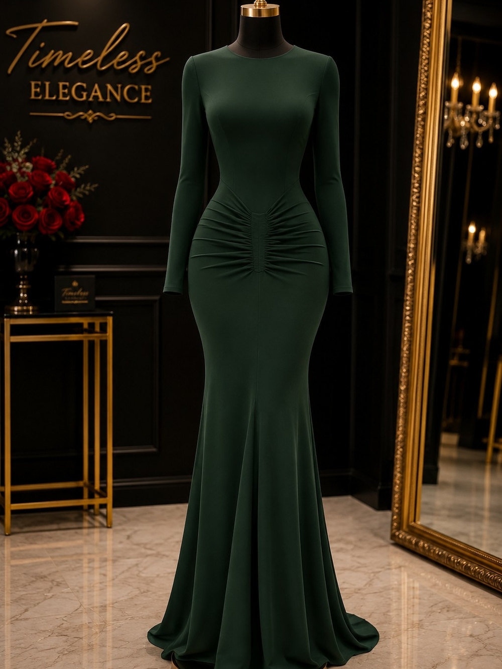 Women's Fashionable Elegant Ruched Crew Neck Long Sleeve Bodycon Dress Spring